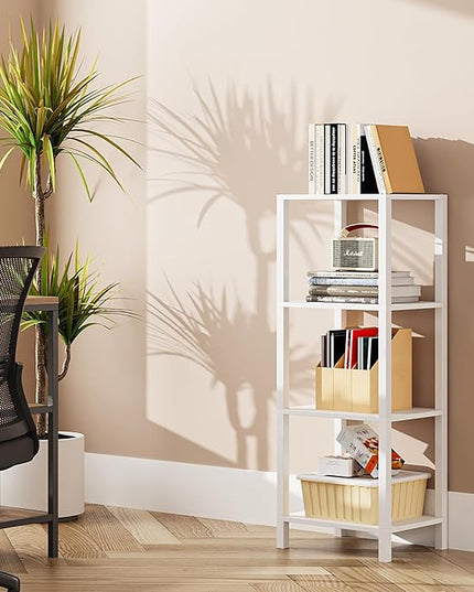 TUTOTAK Bookshelf, 4-Tier Tall Book Shelf, Narrow Bookcase for Small Space, DIY Stackable Bookshelf, for Living Room, Office, Study, Entryway, Industrial, White BS01BW004 - LeafyLoom