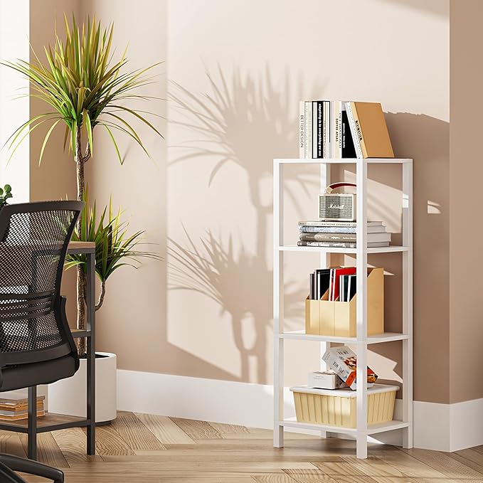 TUTOTAK Bookshelf, 4-Tier Tall Book Shelf, Narrow Bookcase for Small Space, DIY Stackable Bookshelf, for Living Room, Office, Study, Entryway, Industrial, White BS01BW004 - LeafyLoom