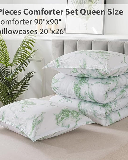 Litanika Sage Green Marble Comforter Queen(90x90lnch), 3Pieces(1 Marble Comforter and 2 Pillowcases) Soft Microfiber Comforter Bedding Set for Men and Women - LeafyLoom