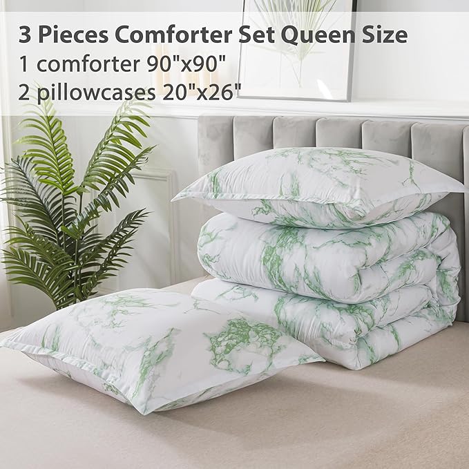 Litanika Sage Green Marble Comforter Queen(90x90lnch), 3Pieces(1 Marble Comforter and 2 Pillowcases) Soft Microfiber Comforter Bedding Set for Men and Women - LeafyLoom