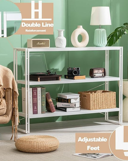 HCHQHS Bookshelf, 3-Tier Industrial Bookcase, White Open Book Shelf, Freestanding Horizontal Bookshelves with Metal Frame - LeafyLoom