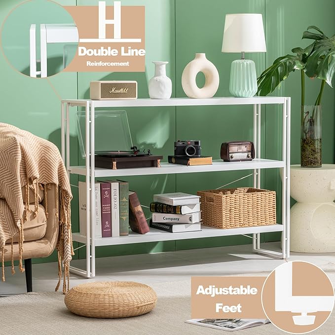 HCHQHS Bookshelf, 3-Tier Industrial Bookcase, White Open Book Shelf, Freestanding Horizontal Bookshelves with Metal Frame - LeafyLoom