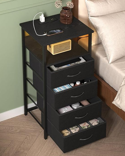 Fixwal Night Stand with Charging Station, LED Dresser for Bedroom Tall Nightstand with USB Ports and Outlets, 4 Fabric Storage Drawers with PU Finish, Bed Side Table, Black - LeafyLoom