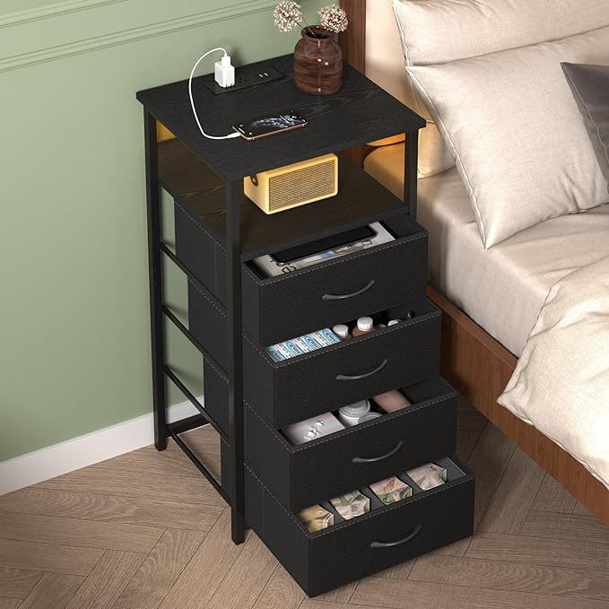 Fixwal Night Stand with Charging Station, LED Dresser for Bedroom Tall Nightstand with USB Ports and Outlets, 4 Fabric Storage Drawers with PU Finish, Bed Side Table, Black - LeafyLoom