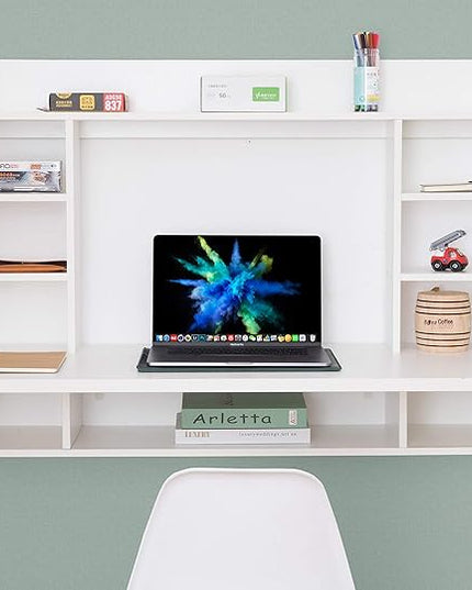 Wall Mount Laptop Office Desk with Shelves, White, - LeafyLoom