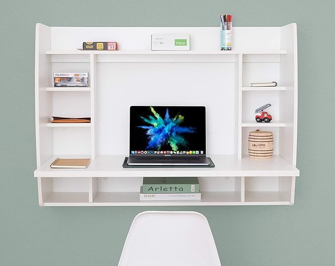 Wall Mount Laptop Office Desk with Shelves, White, - LeafyLoom