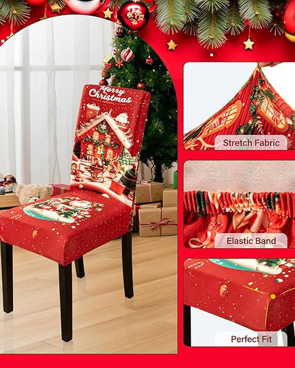 4PCS Christmas Dining Chair Covers Stretch Removable Washable Dining Room Chair Protector Slipcovers Santa Claus House Wreaths Kitchen Chair Cover Slipcover Protector for Xmas Holiday Party Home Décor CZL