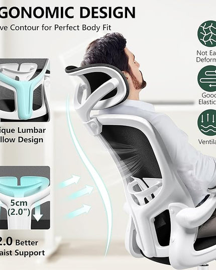 FelixKing Office Chair with Headrest, Home Office Desk Chairs with Flip-Up Armrests, Adjustable Height Ergonomic Office Chair Lumbar Support, Mesh Backrest Computer Chair (White) - LeafyLoom