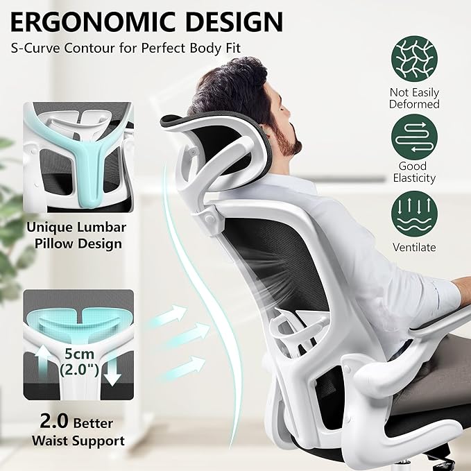 FelixKing Office Chair with Headrest, Home Office Desk Chairs with Flip-Up Armrests, Adjustable Height Ergonomic Office Chair Lumbar Support, Mesh Backrest Computer Chair (White) - LeafyLoom