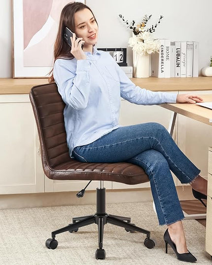 Furniliving Leather Home Office Chair, Armless Vanity Desk Task Chair with Wheels 360° Swivel Computer Rolling Desk Chair with Back, Adjustable Accent Chair with Base Stool - LeafyLoom