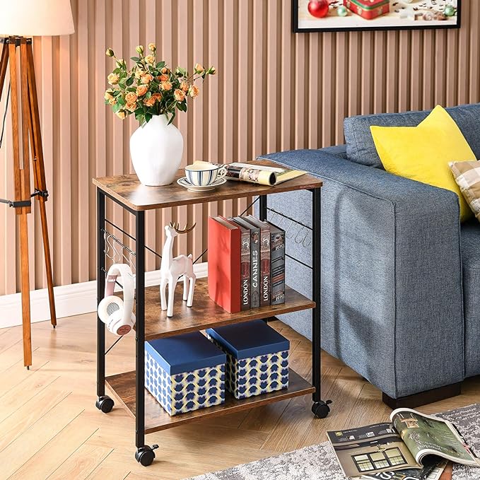 Mr IRONSTONE Baker's Rack, Kitchen Microwave Cart, Coffee Bar Table Station, 3-Tier Kitchen Utility Storage Shelf with Rolling Wheels Coffee Cart Kitchen Microwave Stand with 10 Hooks, Rustic Brown - LeafyLoom