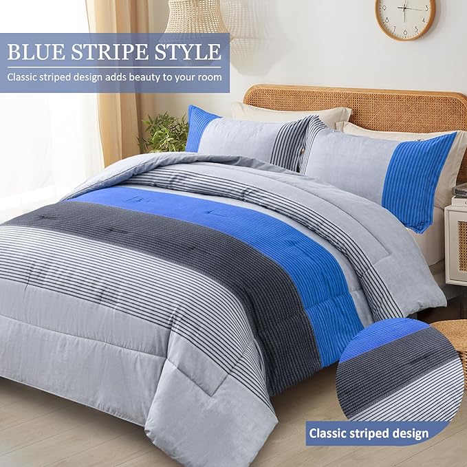 WONGS BEDDING Blue Comforter Set King Reversible Grey Blue Down Alternative Comforter for King Bed,3 Pieces (1 Comforter+2 Pillowcases), Soft Microfiber Bedding Duvet Set 104"×90" - LeafyLoom