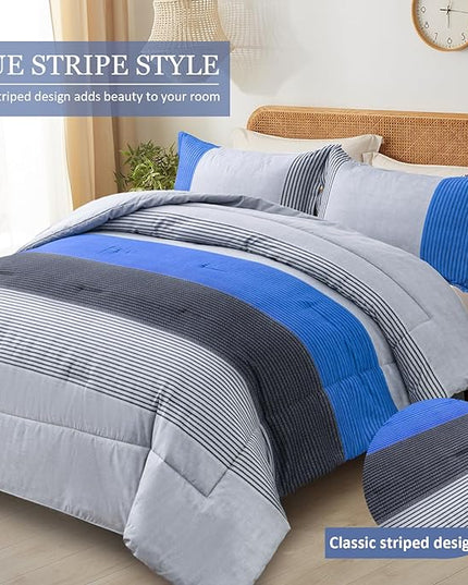 WONGS BEDDING Blue Stripe Comforter Set Twin Reversible Grey Blue Bedding Comforter Set for Twin Bed, 2 Pieces (1 Comforter+1 Pillowcase), Soft Microfiber Filling Duvet Set 68”×86” - LeafyLoom