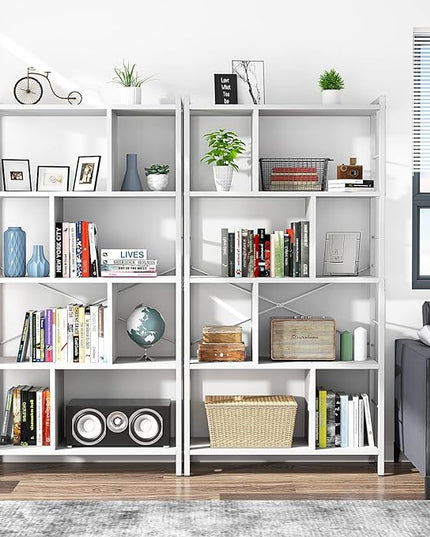 armocity White Bookshelf 5 Tier Tall Industrial Bookcase Wood Metal Frame Standing Book Shelf, Display Bookshelves Storage Organizer for Bedroom Living Room Home Office, White - LeafyLoom