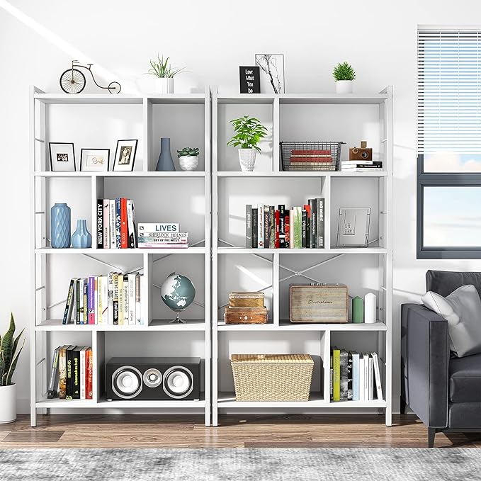 armocity White Bookshelf 5 Tier Tall Industrial Bookcase Wood Metal Frame Standing Book Shelf, Display Bookshelves Storage Organizer for Bedroom Living Room Home Office, White - LeafyLoom