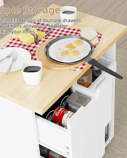 Shintenchi Kitchen Island Cart with Storage,Rolling Kitchen Island Storage Cabinet,Side Table on Wheels with Worktop,3 Open Shelves and 3 Drawers for Kitchen,Dinning Room, White - LeafyLoom