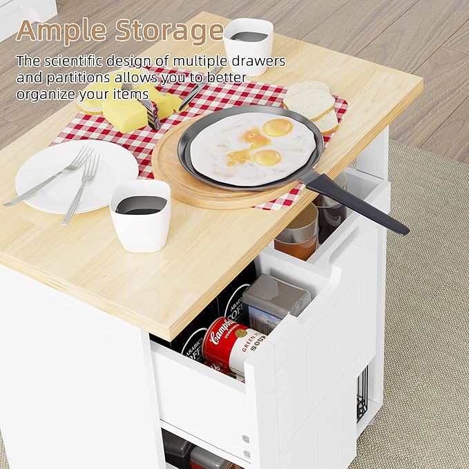 Shintenchi Kitchen Island Cart with Storage,Rolling Kitchen Island Storage Cabinet,Side Table on Wheels with Worktop,3 Open Shelves and 3 Drawers for Kitchen,Dinning Room, White - LeafyLoom