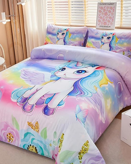 Unicorn Comforter Twin,Princess Twin Comforter,Girls Purple Comforter,Kids Twin Comforter Set for Girls,Unicorn Twin Bedding Set,Unicorn Room Decor - LeafyLoom