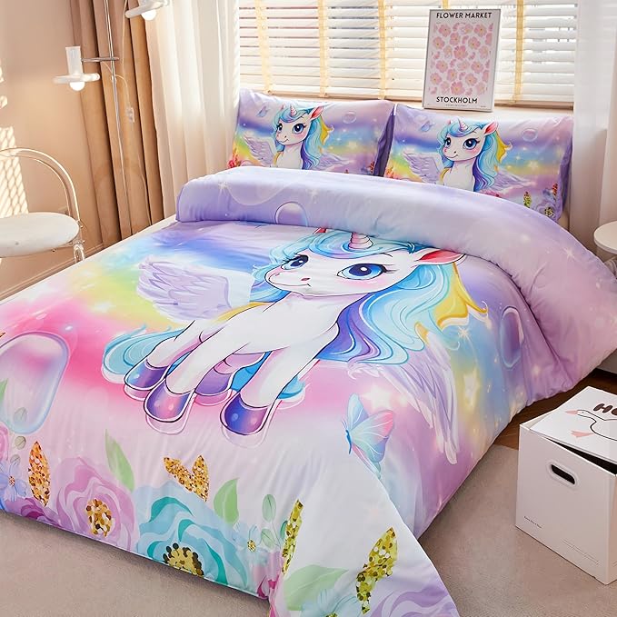 Unicorn Comforter Twin,Princess Twin Comforter,Girls Purple Comforter,Kids Twin Comforter Set for Girls,Unicorn Twin Bedding Set,Unicorn Room Decor - LeafyLoom