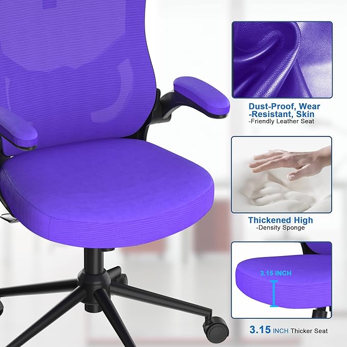 𝑯𝑶𝑴𝑬 𝑶𝑭𝑭𝑰𝑪𝑬 𝑪𝑯𝑨𝑰𝑹, Ergonomic Mesh Desk Chair, High Back Computer Chair- Adjustable Headrest with Flip-Up Arms, Lumbar Support, Swivel Executive Task Chair (Modern, Blue Violet) - LeafyLoom
