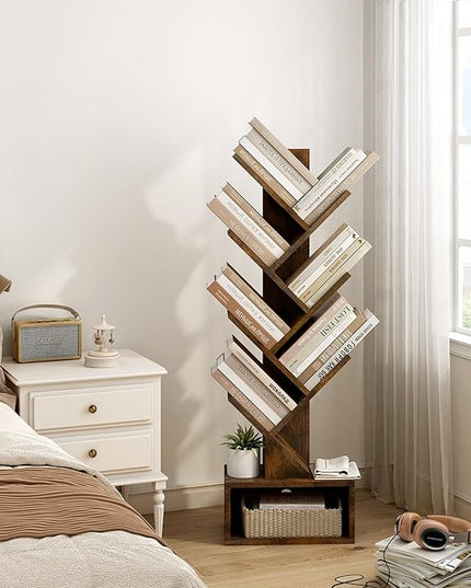 Hoctieon 6 Tier Tree Bookshelf, Tall Bookcase with Drawer, Freestanding Book Shelf, Display Floor Standing Storage Shelf, Book Organizer Shelves for Home Office, Rustic Brown - LeafyLoom