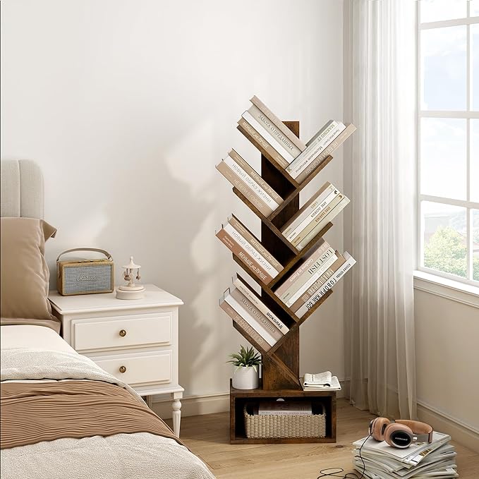 Hoctieon 6 Tier Tree Bookshelf, Tall Bookcase with Drawer, Freestanding Book Shelf, Display Floor Standing Storage Shelf, Book Organizer Shelves for Home Office, Rustic Brown - LeafyLoom