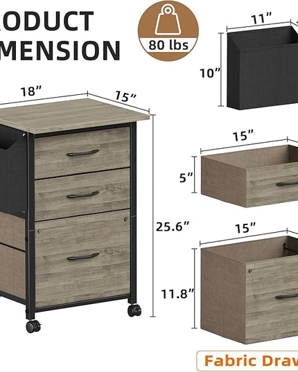 3 Drawer File Cabinet with 18'' Extended Board, Fabric Drawer, Mobile Filing Cabinet Fits A4/Letter Size Files, Rolling Printer Stand with Storage Bag, File Cabinet for Home Office, Grey - LeafyLoom