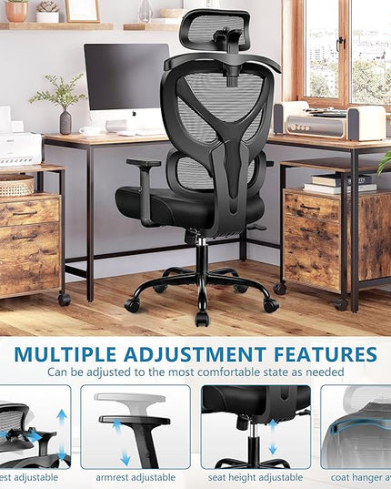 Office Chair Ergonomic Desk Chair Comfy Computer Chair, Big and Tall Home Office Chair with Back Support, Mesh Office Chair High Back Gaming Chair with Adjustable Armrest (Black) - LeafyLoom