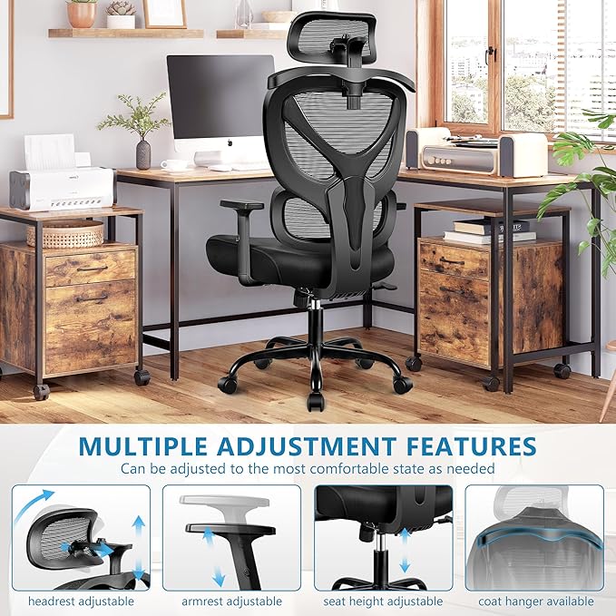 Office Chair Ergonomic Desk Chair Comfy Computer Chair, Big and Tall Home Office Chair with Back Support, Mesh Office Chair High Back Gaming Chair with Adjustable Armrest (Black) - LeafyLoom