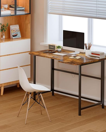 4NM 35.4" Small L Shaped Desk, Folding Computer Desk Home Office Desk, Foldable Bed Desk for Laptop for Small Space Offices - Rustic Brown and Black - LeafyLoom