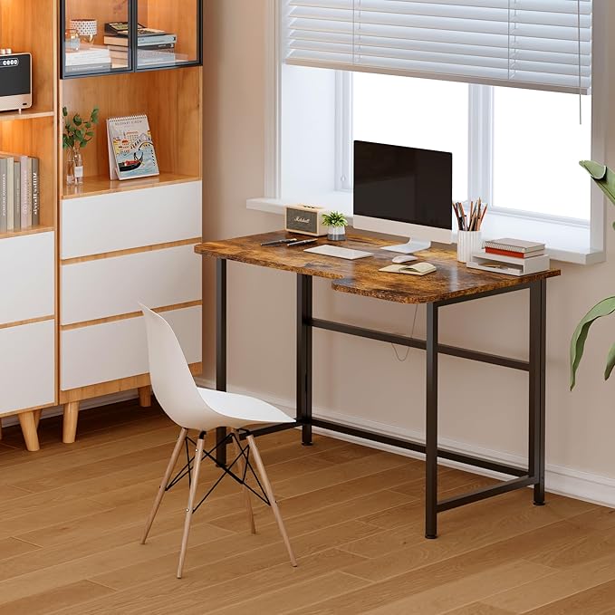 4NM 35.4" Small L Shaped Desk, Folding Computer Desk Home Office Desk, Foldable Bed Desk for Laptop for Small Space Offices - Rustic Brown and Black - LeafyLoom