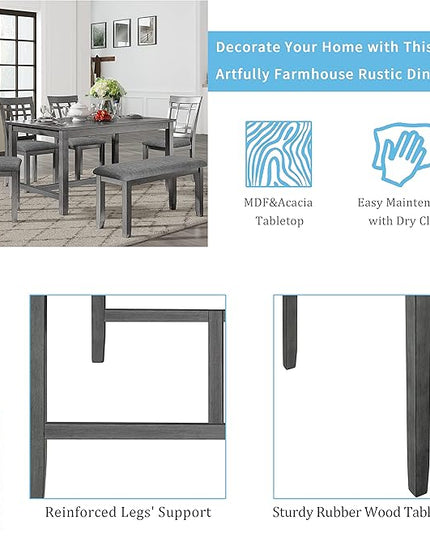 Farmhouse Style, Spacious 4 Chairs and Multifunctional Bench, Long-Lasting Solid Wood, for Kitchen, Room, 6 Piece Dining Table Set, Gray 7 - LeafyLoom