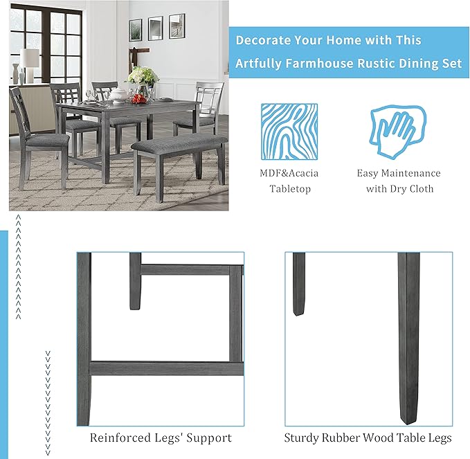 Farmhouse Style, Spacious 4 Chairs and Multifunctional Bench, Long-Lasting Solid Wood, for Kitchen, Room, 6 Piece Dining Table Set, Gray 7 - LeafyLoom
