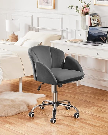 Yaheetech Cute Velvet Desk Chair for Home Office, Makeup Vanity Chair with Armrests for Bedroom Modern Swivel Rolling Chair for Women Dark Gray - LeafyLoom