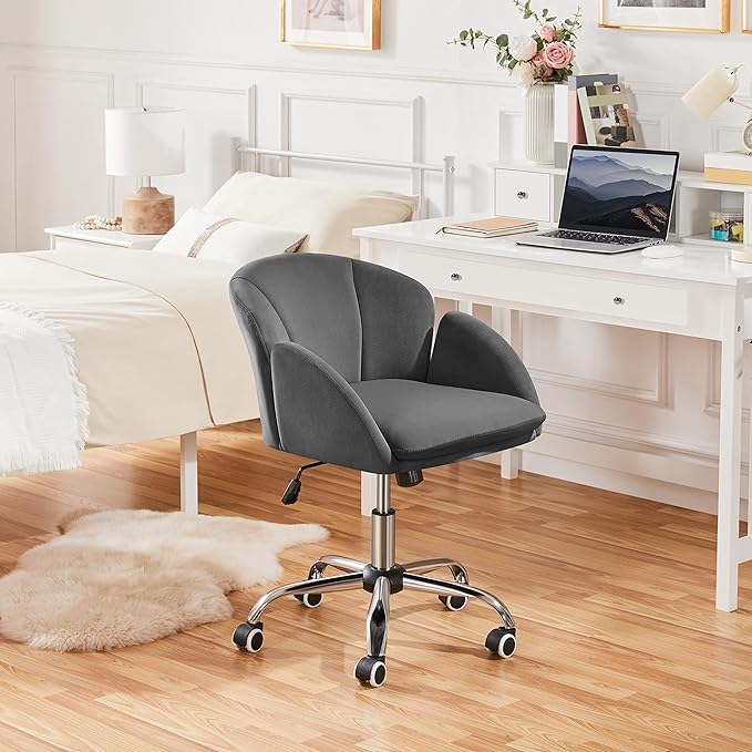 Yaheetech Cute Velvet Desk Chair for Home Office, Makeup Vanity Chair with Armrests for Bedroom Modern Swivel Rolling Chair for Women Dark Gray - LeafyLoom