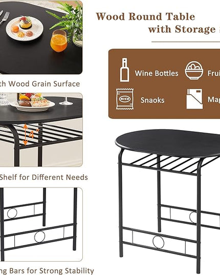VECELO 3 Piece Small Round Dining Table Set for Kitchen Breakfast Nook, Wood Grain Tabletop with Wine Storage Rack, Save Space, 31.5", Matte Black - LeafyLoom