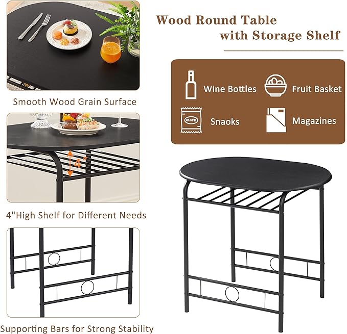 VECELO 3 Piece Small Round Dining Table Set for Kitchen Breakfast Nook, Wood Grain Tabletop with Wine Storage Rack, Save Space, 31.5", Matte Black - LeafyLoom