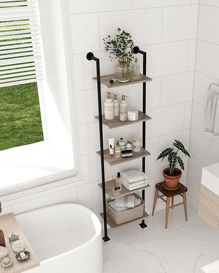 Axeman 5-Tier Ladder Shelf, Tall Narrow Bookcase for Small Spaces, Book Storage Organizer Case Open Shelves for Living Room, Home Office, Study, Industrial Style Black Metal Frame and Gray Shelf - LeafyLoom