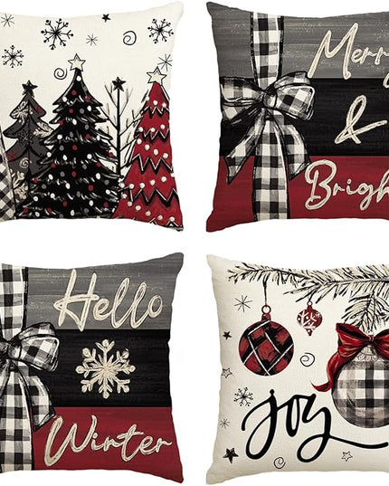 AVOIN colorlife Merry Christmas Joy Xmas Trees Red Throw Pillow Covers, 18 x 18 Inch Christmas Winter Holiday Cushion Case Decoration for Sofa Couch Set of 4 AVOINcolorlife