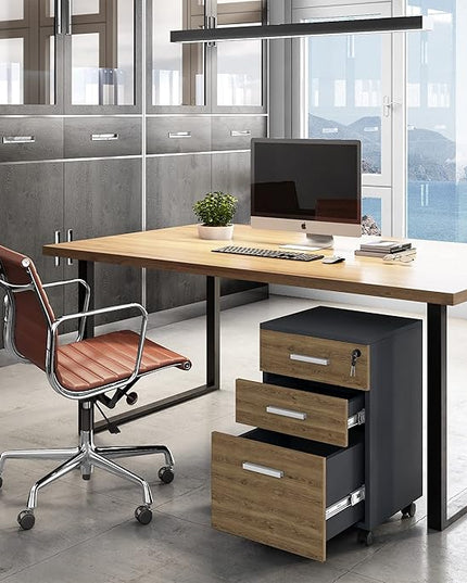 Lazio File Cabinet with Lock - Filing Cabinet for Home and Office - 3 Drawer Small Rolling File Cabinet -Wood Printer Stand with Storage for A4 Size/Legal Documents, File Folders (Cass Walnut/Black) - LeafyLoom