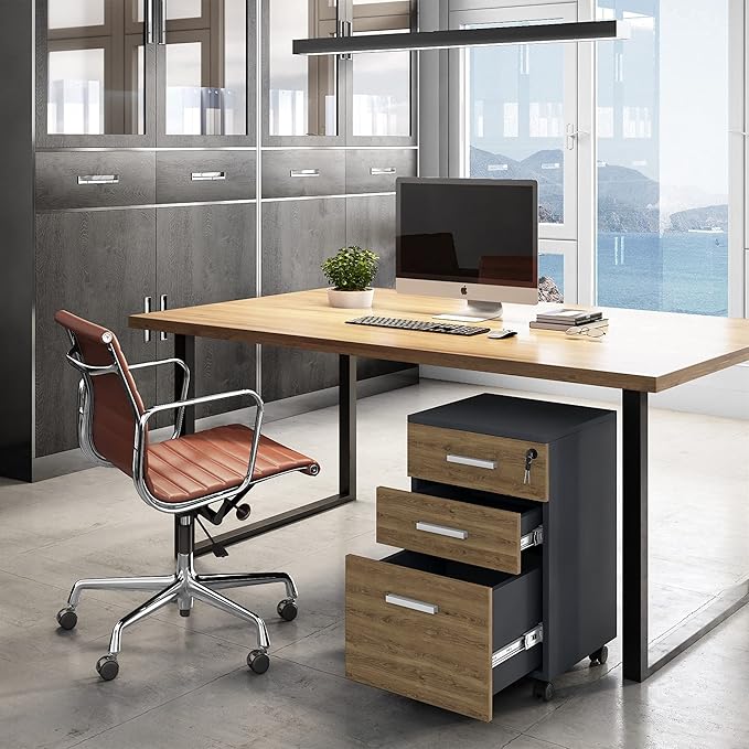 Lazio File Cabinet with Lock - Filing Cabinet for Home and Office - 3 Drawer Small Rolling File Cabinet -Wood Printer Stand with Storage for A4 Size/Legal Documents, File Folders (Cass Walnut/Black) - LeafyLoom
