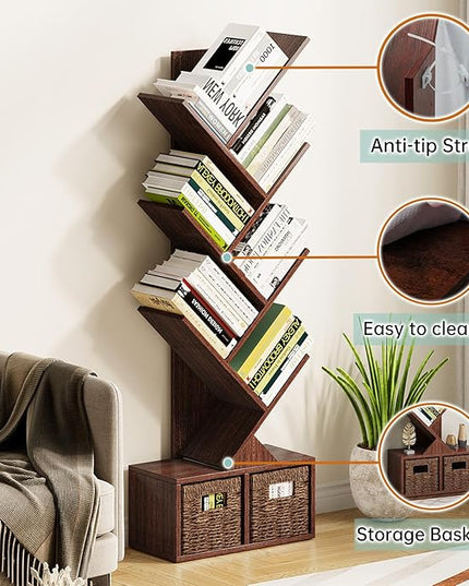 Vagusicc 6 Tier Tree Bookshelf - Retro Shelf Floor Standing Bookcase with Baskets, Tall Wood Book Storage Rack for Books/CDs, Tree Utility Book Organizer Shelves for Living Room, Home Office, Bedroom - LeafyLoom
