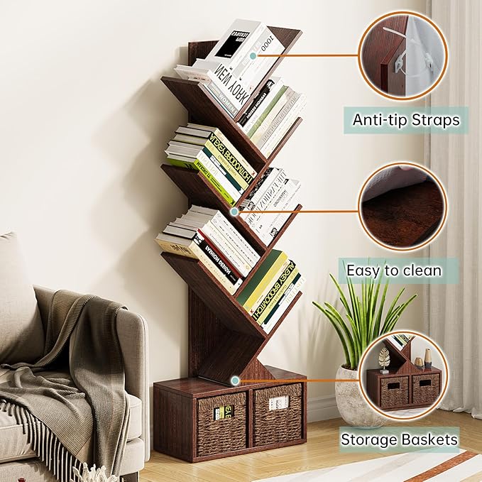 Vagusicc 6 Tier Tree Bookshelf - Retro Shelf Floor Standing Bookcase with Baskets, Tall Wood Book Storage Rack for Books/CDs, Tree Utility Book Organizer Shelves for Living Room, Home Office, Bedroom - LeafyLoom