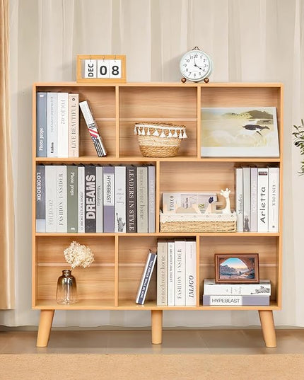 LEYAOYAO Wooden 8 Cube Book Shelf, Natural 3 Tier Bookshelf with Legs, Modern Open Storage Organizer,Boho Bookcase,Display Cabinet Shelf Free Standing Bookshelves for Bedroom,Living Room,Office - LeafyLoom