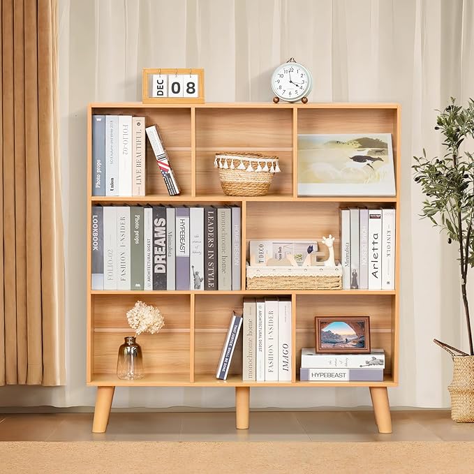 LEYAOYAO Wooden 8 Cube Book Shelf, Natural 3 Tier Bookshelf with Legs, Modern Open Storage Organizer,Boho Bookcase,Display Cabinet Shelf Free Standing Bookshelves for Bedroom,Living Room,Office - LeafyLoom