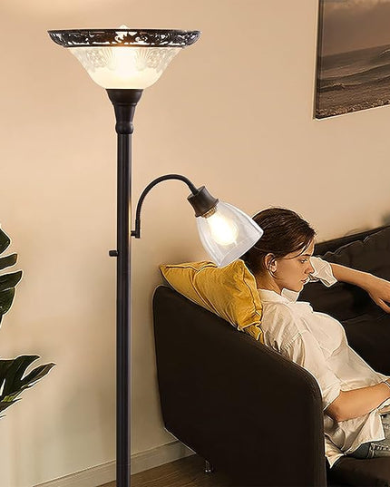 Victorian Floor Lamp, 70" Elegant Standing Lamp with Etched Glass Shade, Metal Body & Heavy Base, Vintage Tall Corner Lamp Decor for bedroom, Living Room, Den, Office. No Bulbs (2 Head) - LeafyLoom