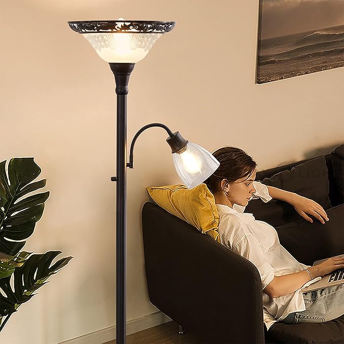 Victorian Floor Lamp, 70" Elegant Standing Lamp with Etched Glass Shade, Metal Body & Heavy Base, Vintage Tall Corner Lamp Decor for bedroom, Living Room, Den, Office. No Bulbs (2 Head) - LeafyLoom
