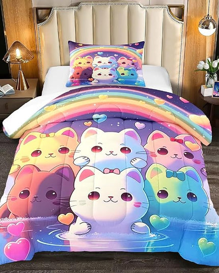 Rainbow Cat Comforter Twin Size - Rainbow Cat Bedding for Girls Room Cute Cartoon Rainbow Bedding Twin Comforter Sets for Kids, 1 Comforter+1 Pillowcase - LeafyLoom