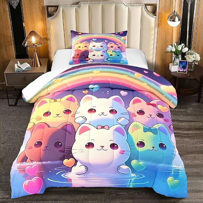Rainbow Cat Comforter Twin Size - Rainbow Cat Bedding for Girls Room Cute Cartoon Rainbow Bedding Twin Comforter Sets for Kids, 1 Comforter+1 Pillowcase - LeafyLoom