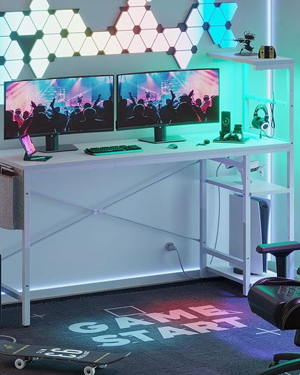 Bestier Gaming Desk with Power Outlets, 61 Inch Large Led Gamer Desk with 4 Tiers Reversible Shelves, PC Gaming Table with Headset Hook & Side Storage Bag for Bedroom (White 3D Carbon Fiber) - LeafyLoom